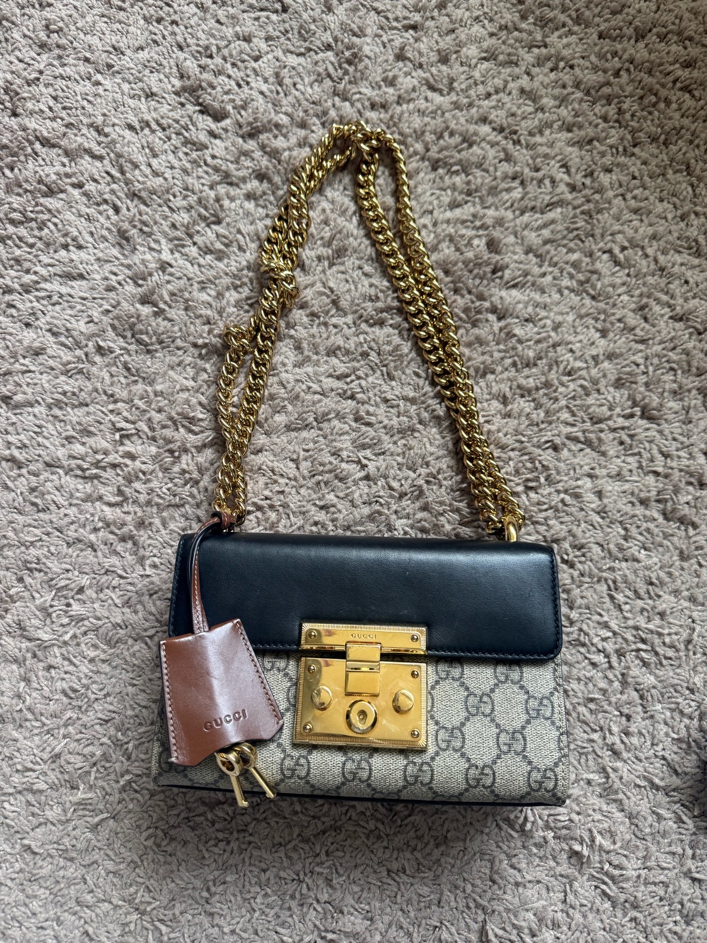 Gucci Two-Tone GG Canvas Crossbody with Black Leather and Gold Hardware
